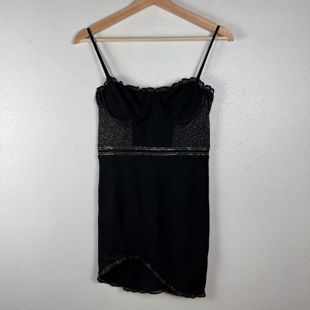 h:ours Black Glitter Bustier Mini Dress Asymmetrical Hem Size S Underwire Cup